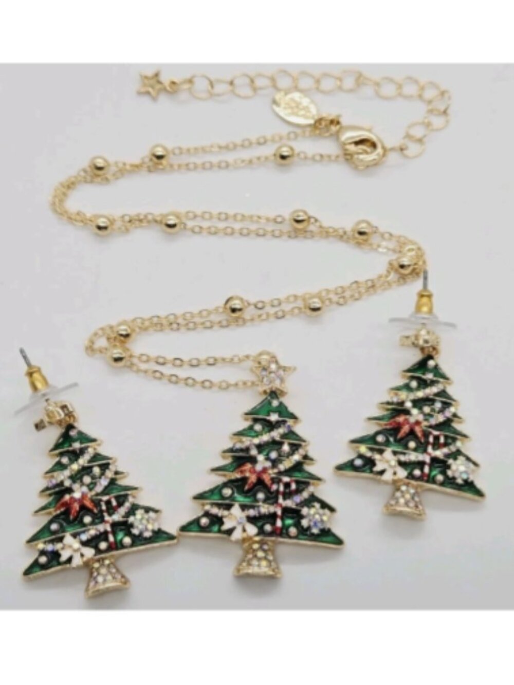 KIRKS FOLLY Christmas Tree Pendant Necklace Earring Set 2 Pc Enamel Gold tone